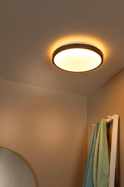 Lucide DASHER - Flush ceiling light Bathroom - Ø 41 cm - LED - 1x24W 2700K - IP44 - Motion Sensor - Black - atmosphere 1